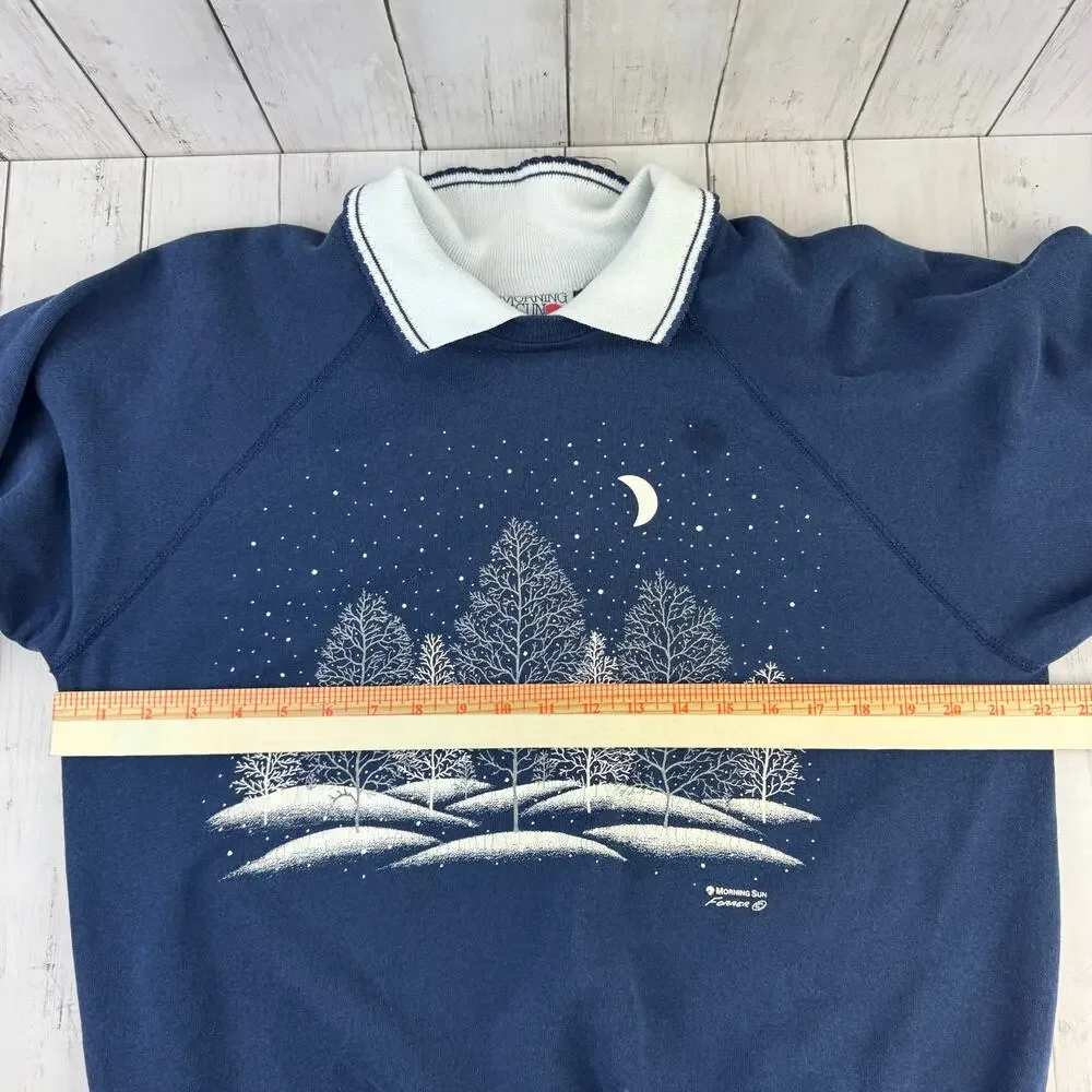 VTG Morning Sun Blue Collared Sweatshirt Grandma Winter Forest Forrer Size XL